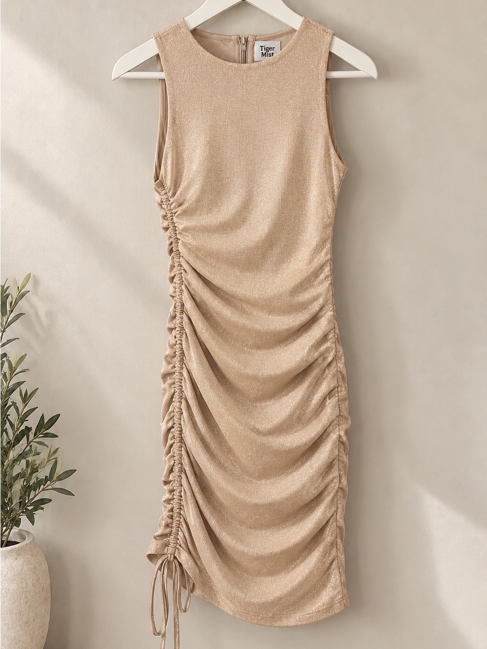 Tiger Mist Champagne Tan Ruched Midi Dress